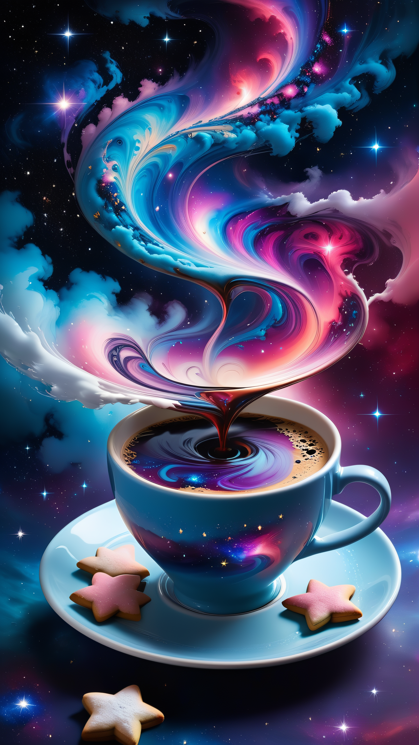 enchanting scene, steaming cup of coffee, swirling cosmic galaxy, deep purples and blues and pinks, stars and nebulae, fit the vastness of space, magical and dreamy, 