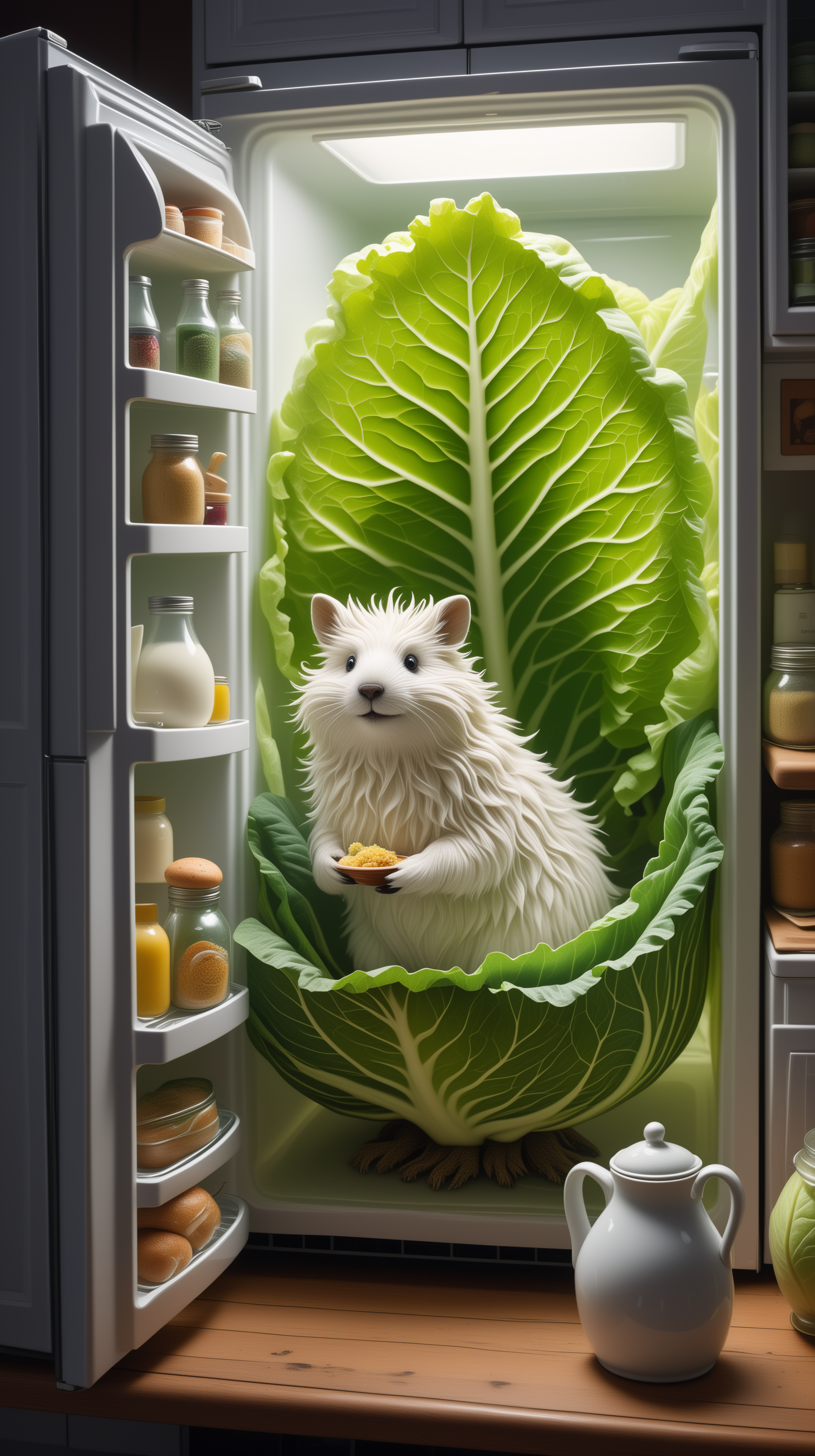 Fantasy artwork, whimsical, magical creatures, refrigerator door open, cabbage leaf, milk jug, reflection in the glass, 