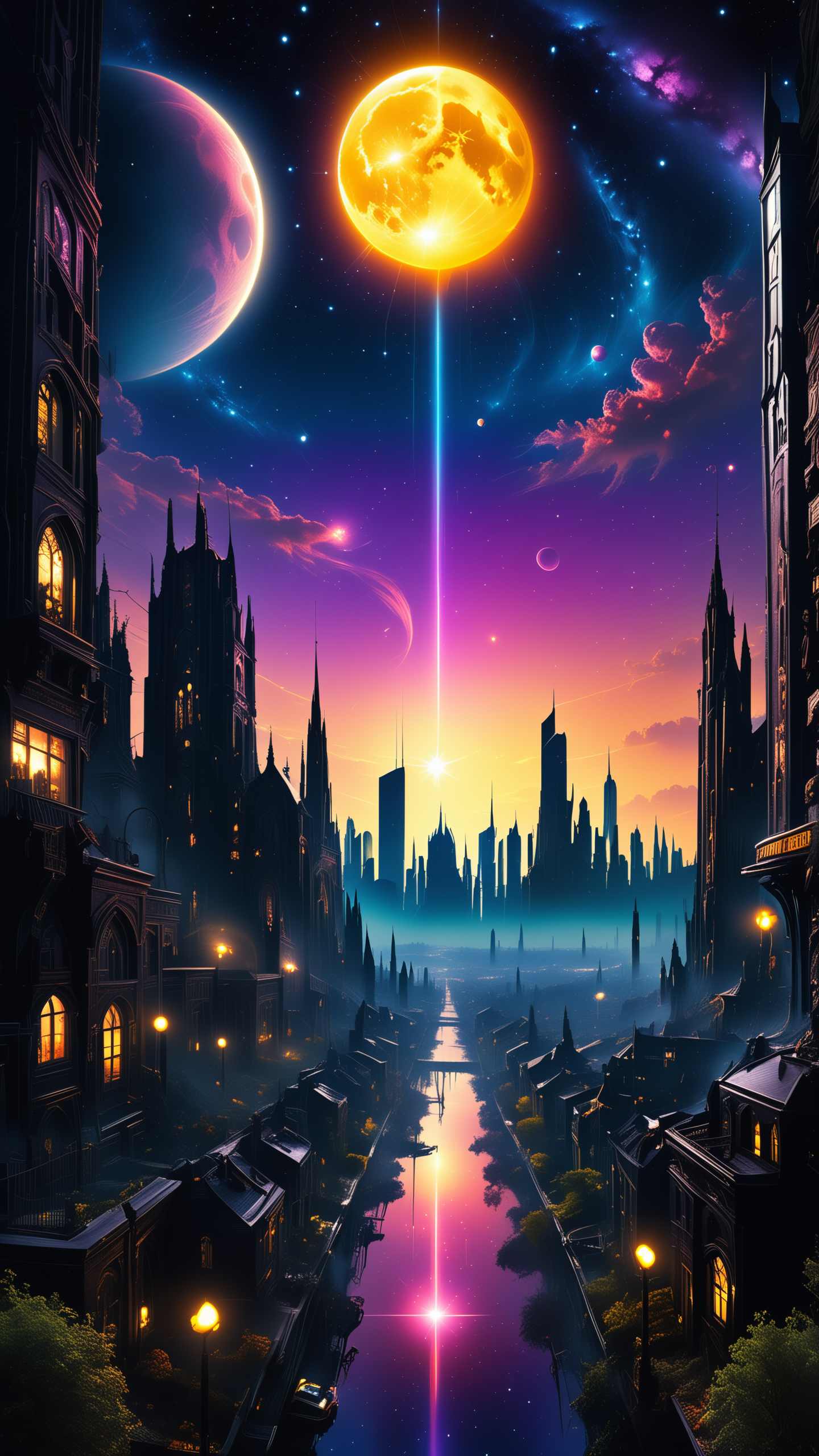 celestial promenade, the horror of stars, twilight sunshine, cityscape masterpiece, realistic, best quality, cosmic horror, MJgothic, bright horror, s0lar, 