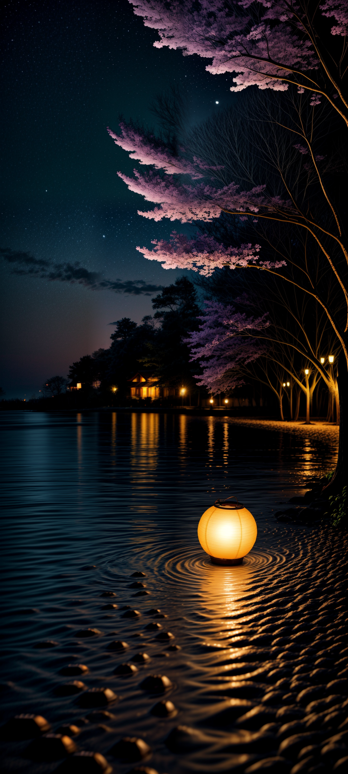 calligraphy ink style, Asian wishing lanterns, night sky, cherry blossom trees, beach by the sea, volumetric lighting, night time, moonlight reflection, black background, peaceful atmosphere, more details, WallpaperFusionXL, high resolution, artistic, cre