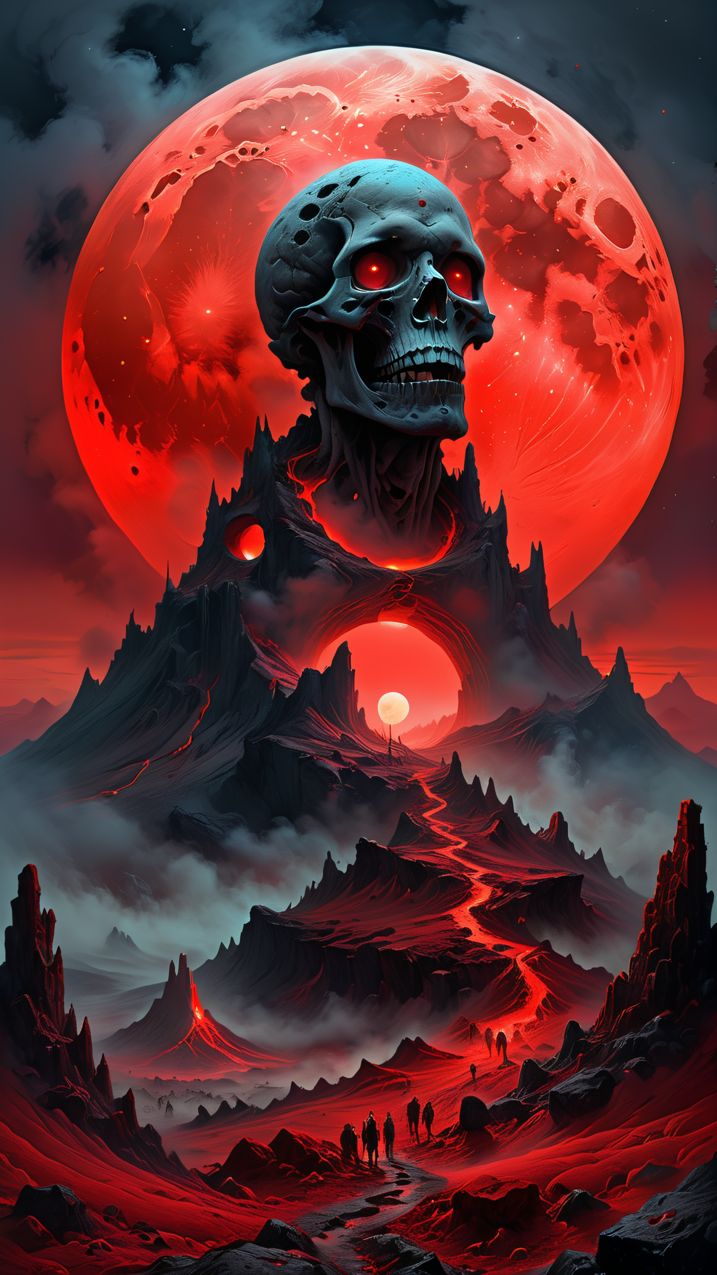 mountain of the dead, landscape, volcano, ash, gray stone, ghoul, halo, digital artwork by Beksinski, vibrant colors, red theme, full moon