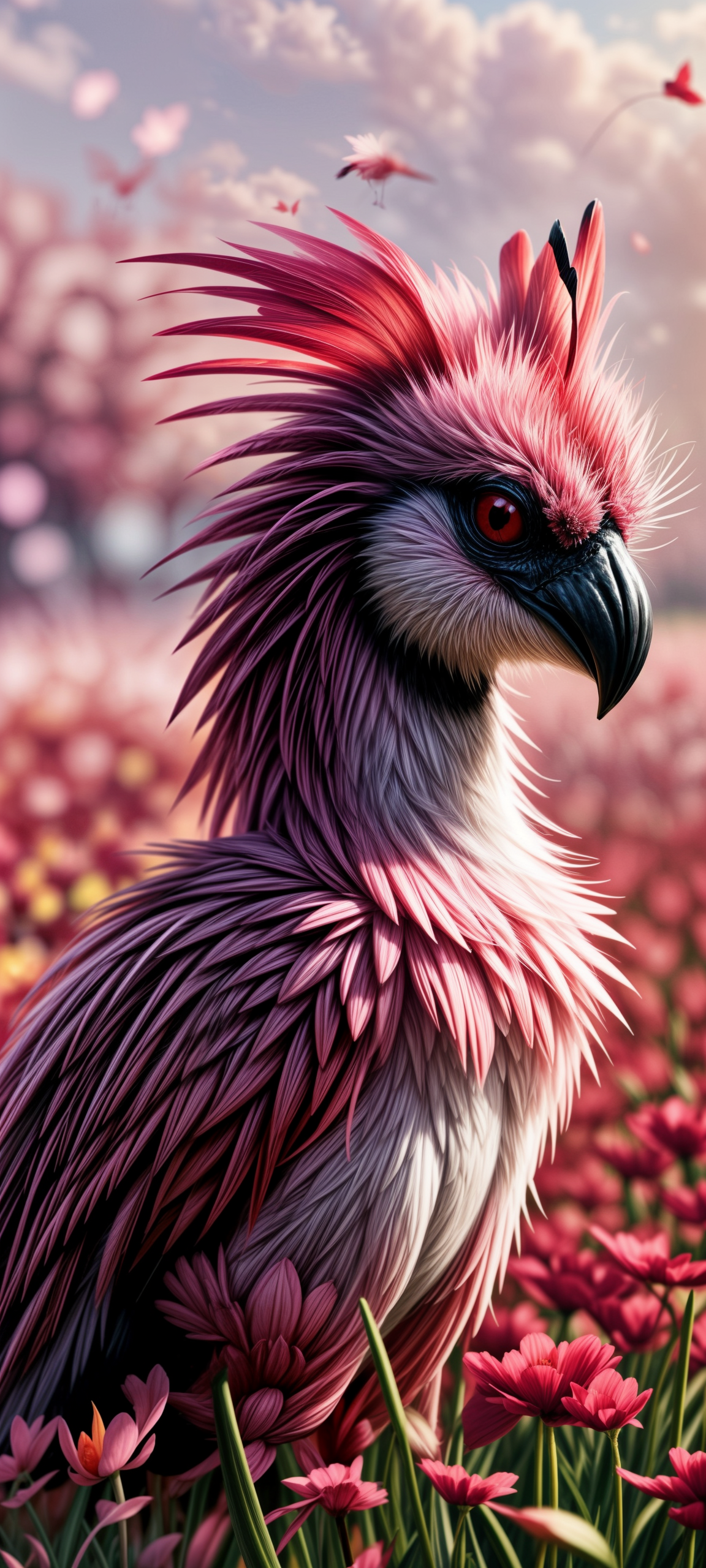 adorable, ladybug, flamingo, hybrid creature, flower petal-like feathers, field of pink flowers, field of red flowers, hyperrealistic, dragonborn offset, dragon armor, more details, portrait, high resolution, artistic, creative, upscaled, LCM, dreamshaper