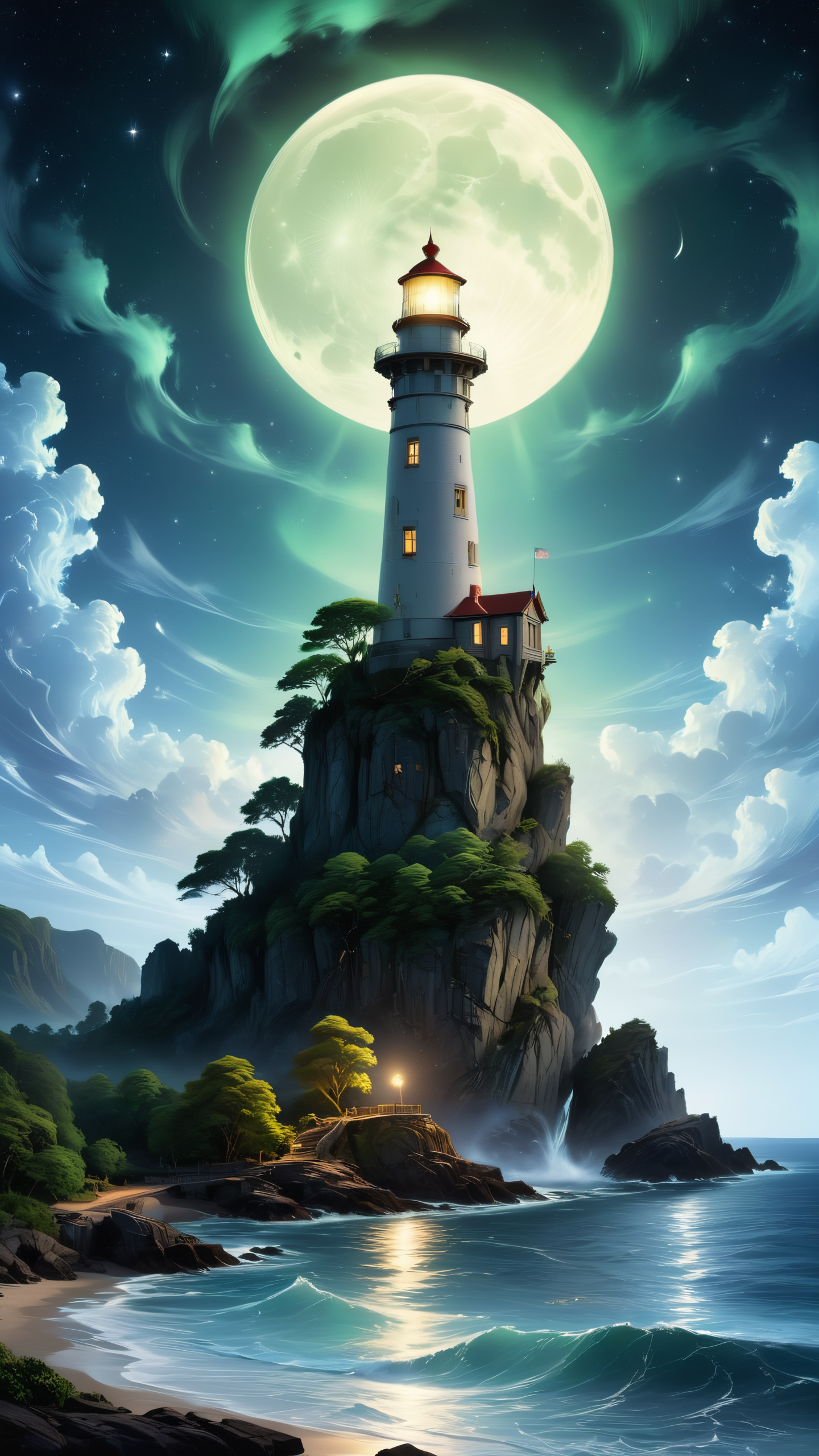 captivating, night scene, illustration, lighthouse, rocky island, warm glow, intricate architecture, rich history, lush green trees, moonlit sea waters, full moon, ethereal glow, wispy clouds, twinkling stars, celestial tapestry, 