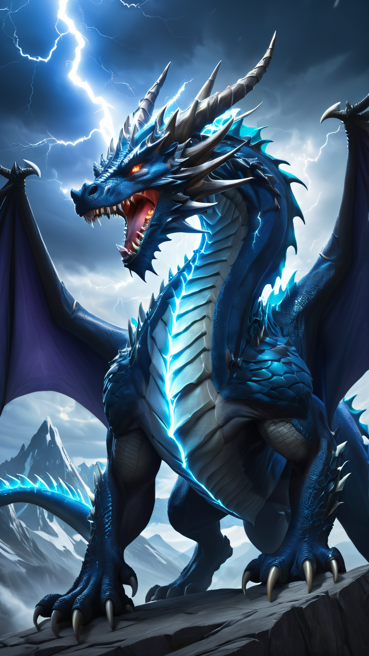 gigantic storm dragon, teeth, horns, long tail, wings, mountains, lightning aura, fantasy, solo focus, epic, 