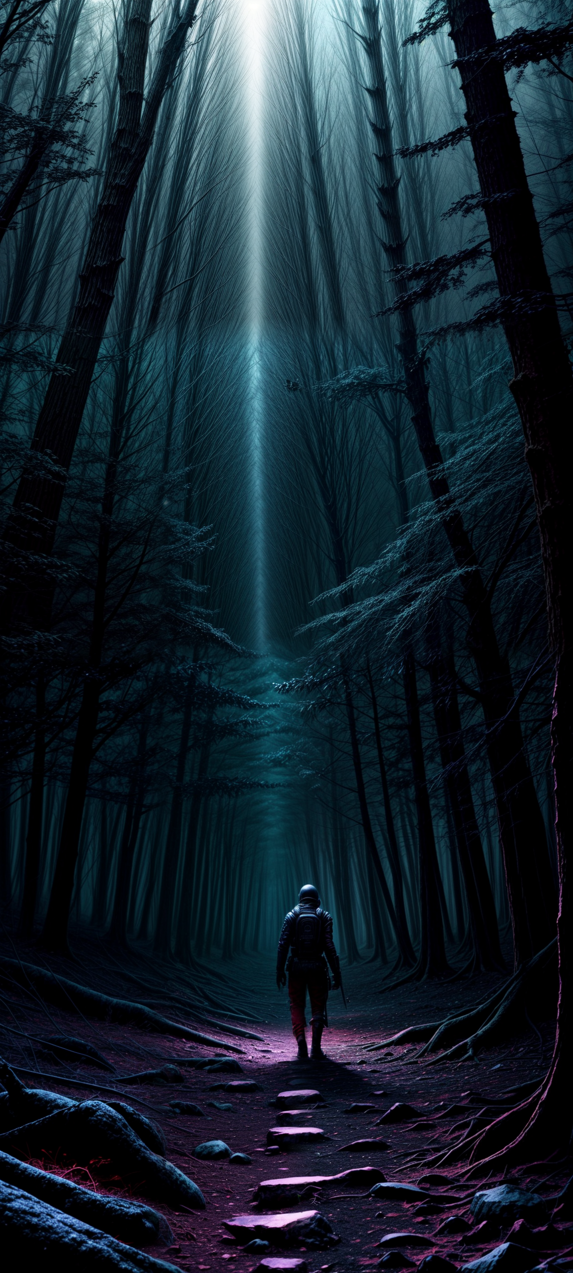 otherworldly forest, trees of light and shadows, pulsating ground, vivid hues, dream within a dream, eerie ambiance, Ridley Scott's Alien, 80s sci-fi nostalgia, dreamlike spaces, claustrophobic spaces, grimdark Warhammer 40K, magic, campy sinister tones, 