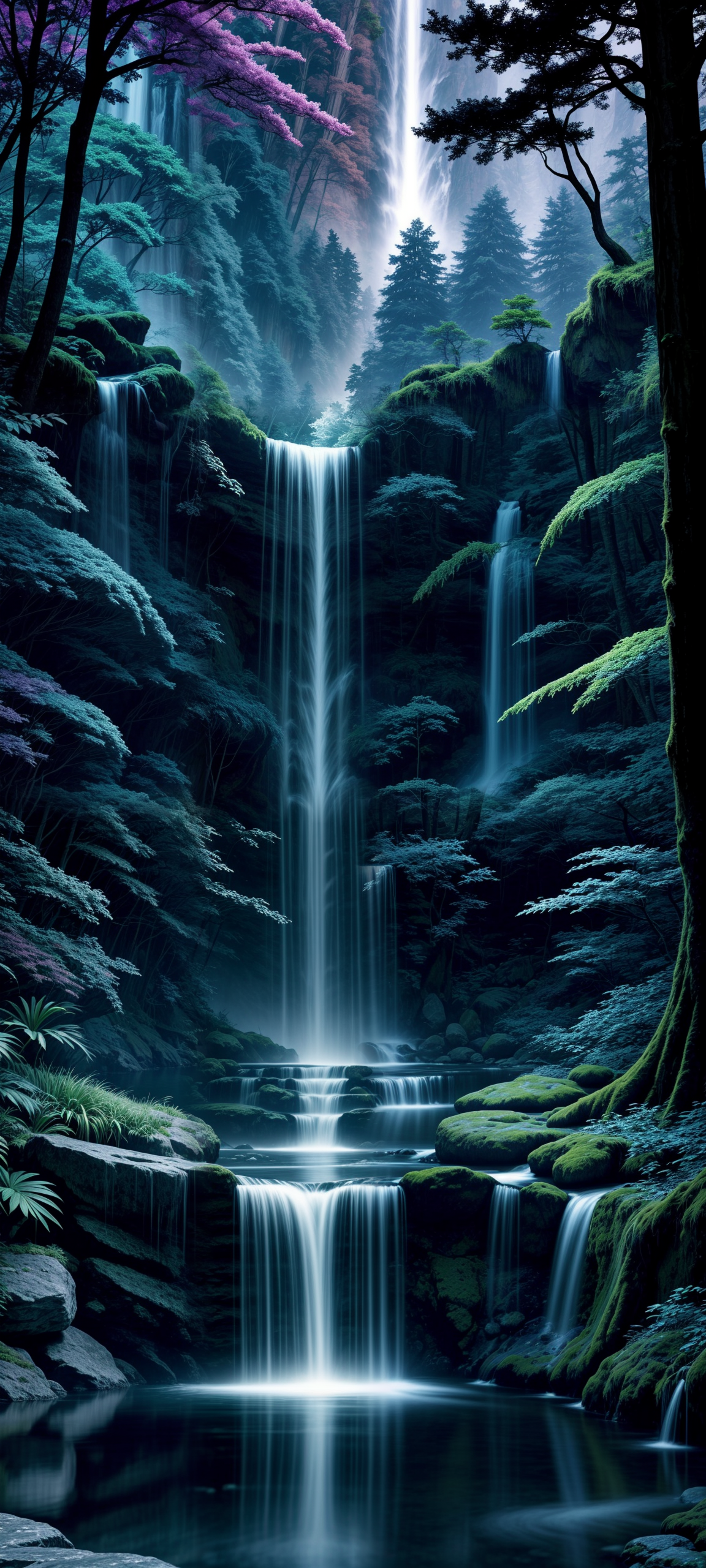 serene landscape, mystical landscape, majestic waterfall, crystal-clear pool, bioluminescent foliage, twilight, deep blues, purples, orange hues, elegant white unicorn, silver mane, iridescent horn, ancient trees, luminescent leaves, mystical runes, firef